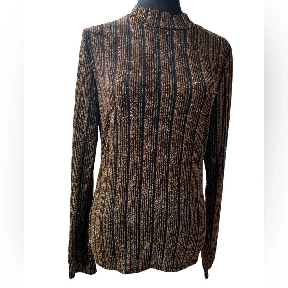 Guess Size Medium Black and Gold Metallic Striped Mock Neck Top